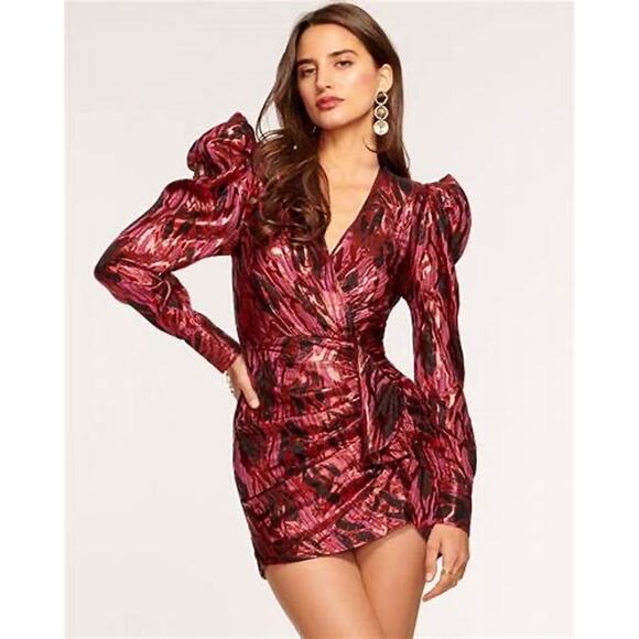 Ramy Brook Annie Red Jacquard Faux Wrap Puff Long Sleeve Cocktail Mini Dress 8 - Picture 1 of 16